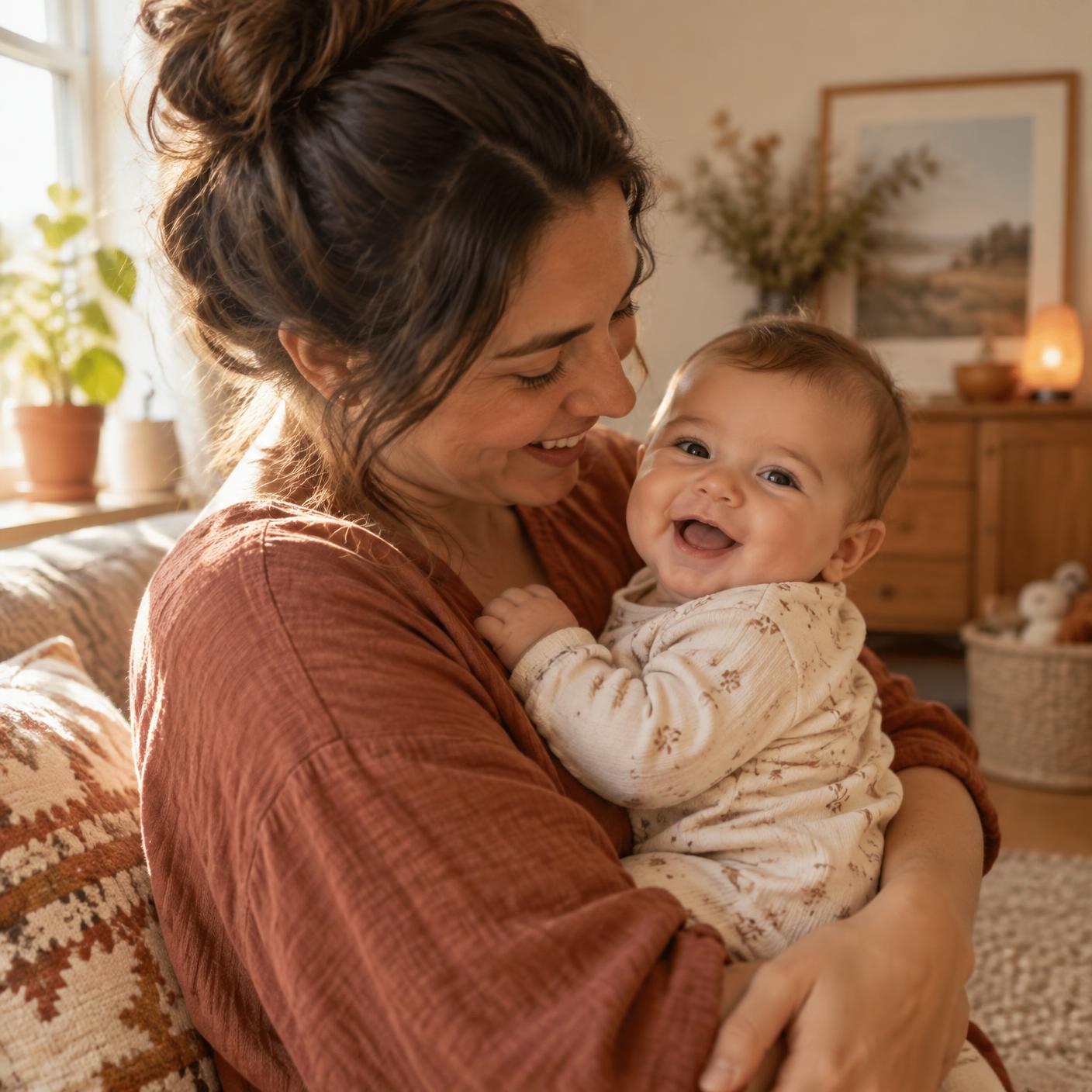 A mother holding a smiling baby in a warm living room
