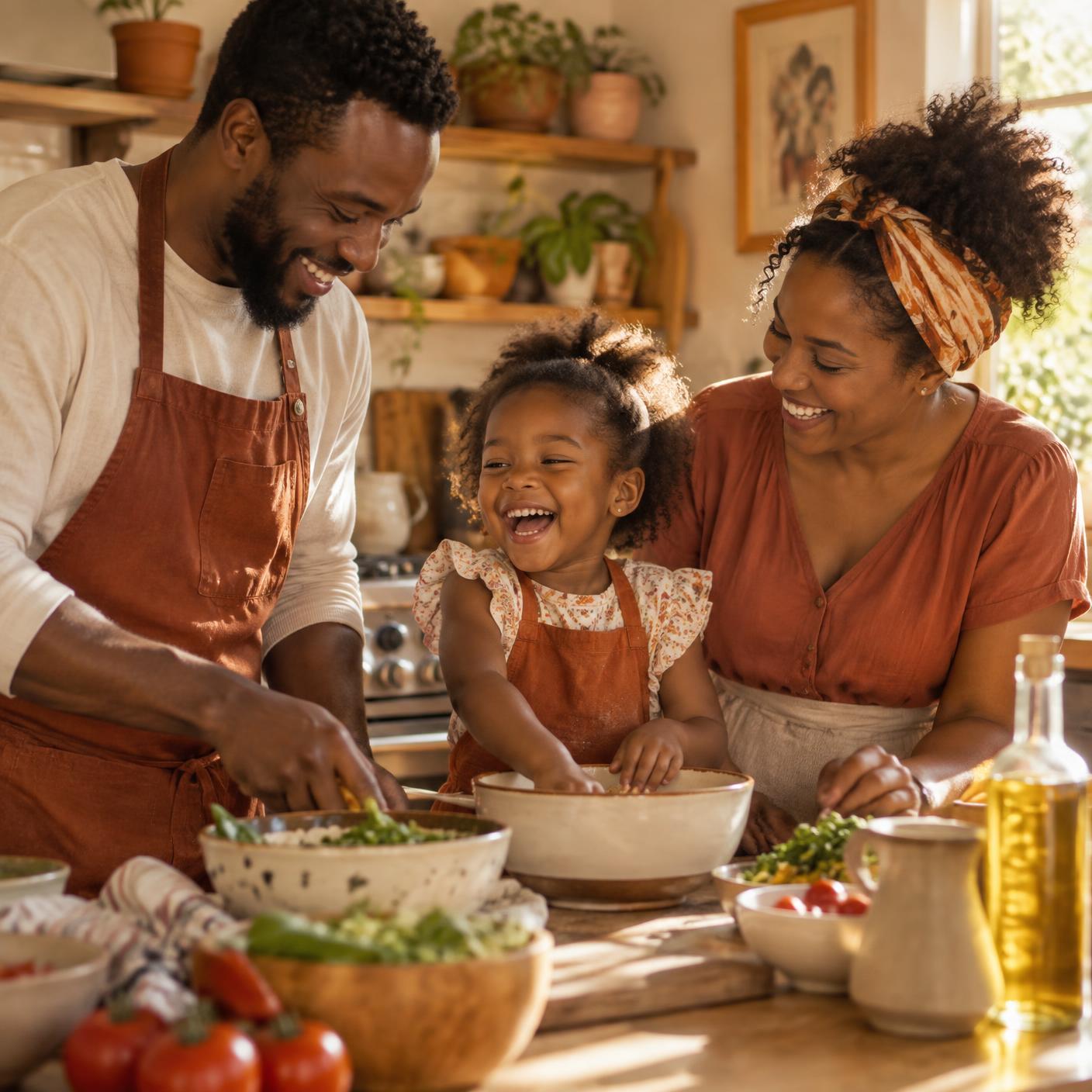 A Black family cooking together with their young daughter in a warm kitchen